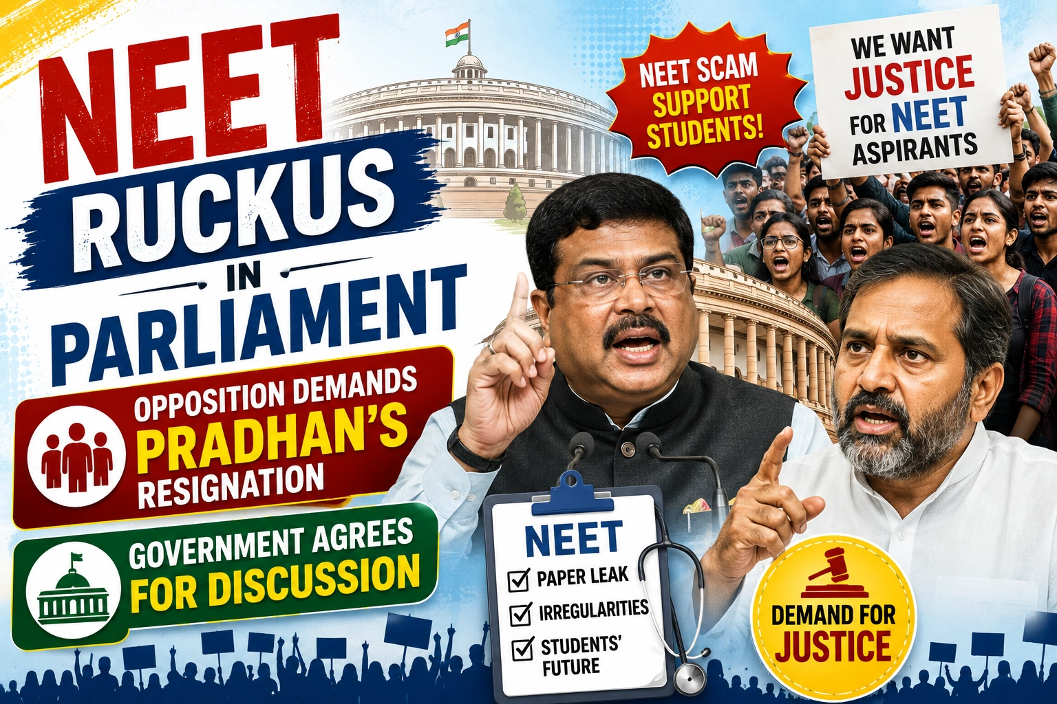 NEET Ruckus in Parliament: Opposition Demands Pradhan’s Resignation, Government Agrees for Discussion
